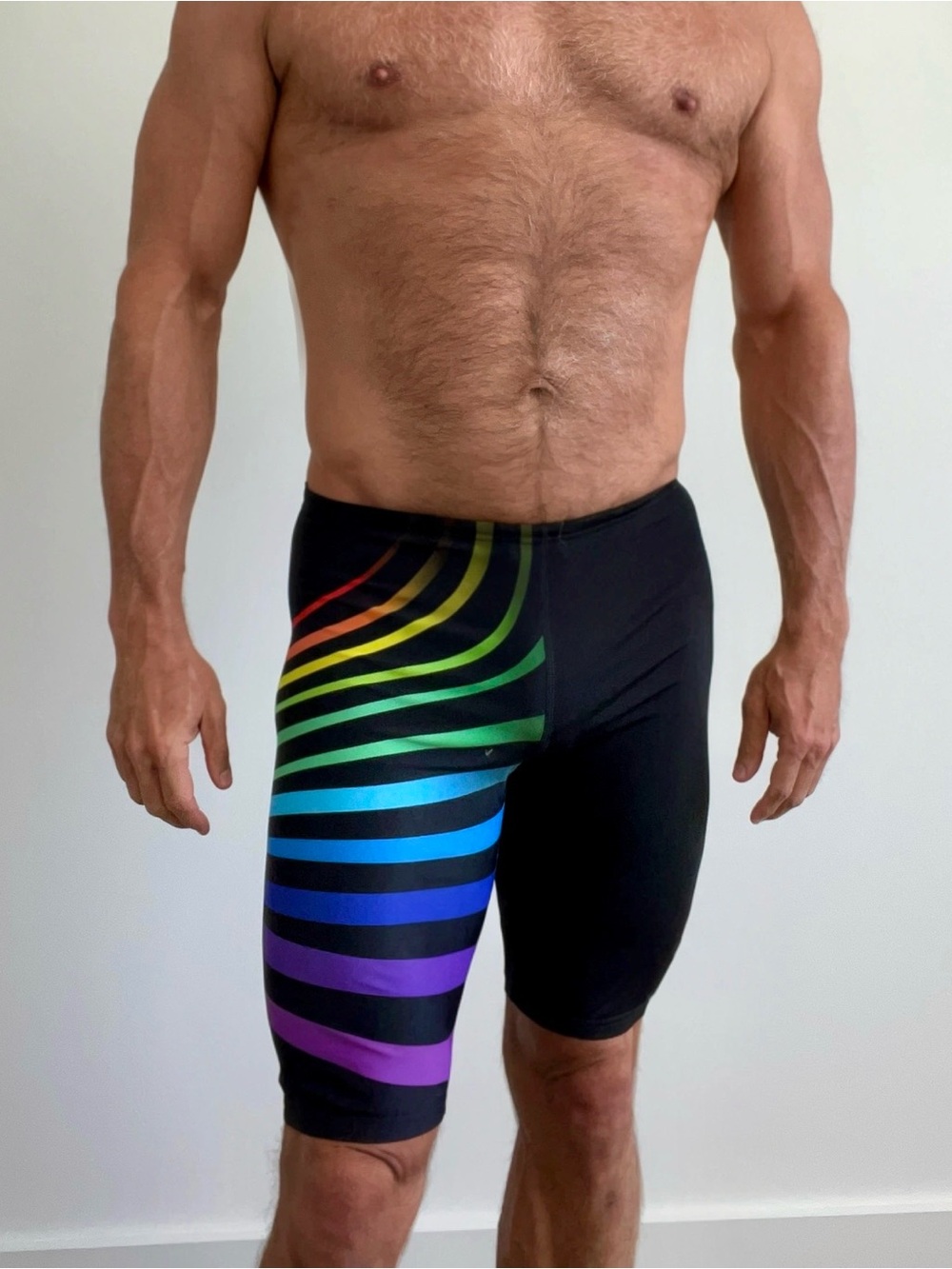 Men's Black Swim Hybrids with Rainbow Pride Stripe Side Panel, Medium